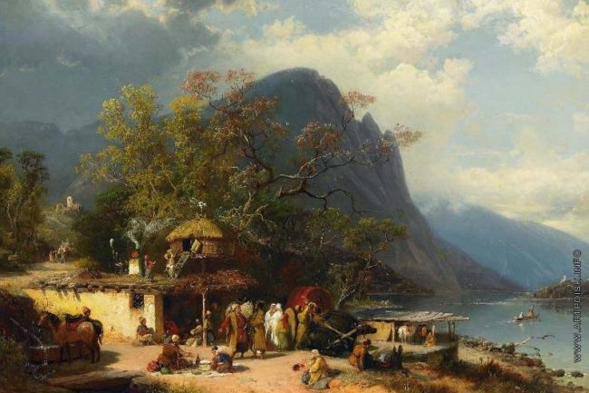 Пауль фон Кранкен - На Кавказе. Перед таверной на берегу реки (1876)